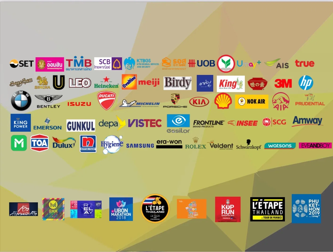 โลโก้ลูกค้าองค์กรที่ไว้วางใจ 44 PRINT STUDIO อาทิ SET, TMB, SCB, BMW, Ducati, Porsche, Shell, Samsung, 3M, HP, SCG, Amway และ King Power